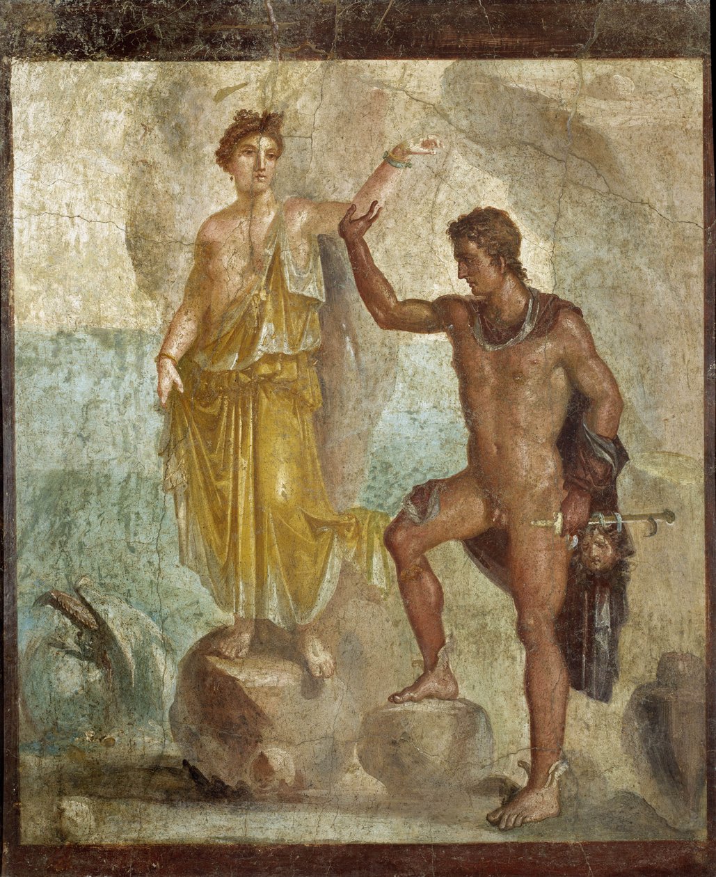 Se befriande Andromede. Färsk 98x120cm. Provenant de la Maison des Dioscures (Dioscuriernas hus) i Pompeji. 300 ap JC. Nationella arkeologiska museet, Neapel (Musee archeologique de Naples). ©Raffael/Leemage av Roman