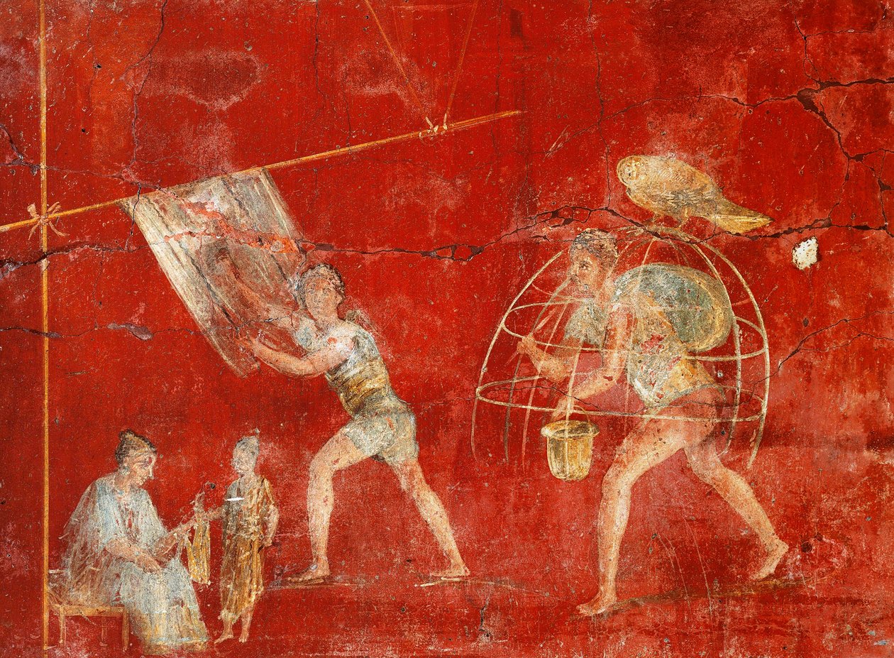 Pelarfresk föreställande ulltillverkning, från Pompeji, Fullonica av Veranio Ipseo av Roman