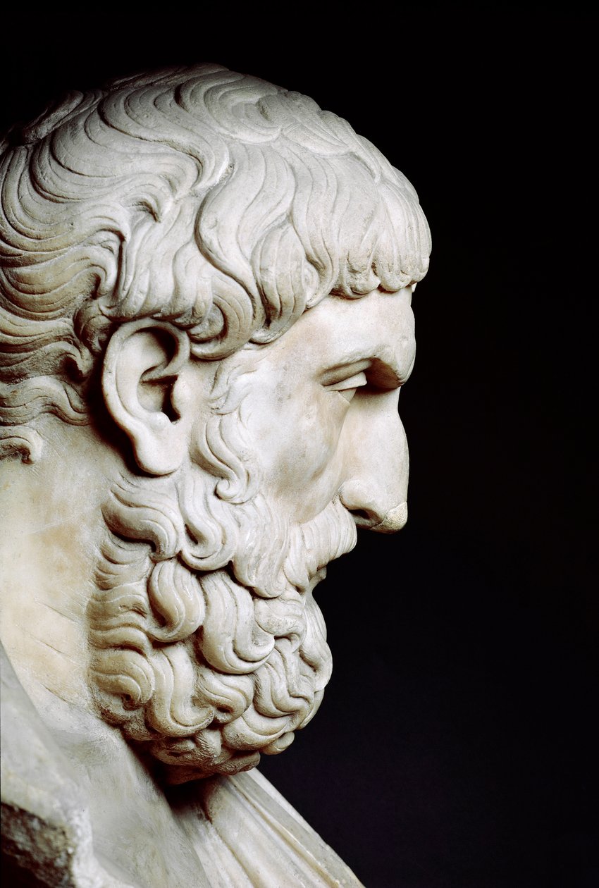 Porträtt av Epikur (341-vers 270 f.Kr.), grekisk filosof - Byst i marmor - Rom, Musei Capitolini - Byst av Epikuros (341-270 f.Kr.), profil - Marmorskulptur - Rom, Musei Capitolini av Roman