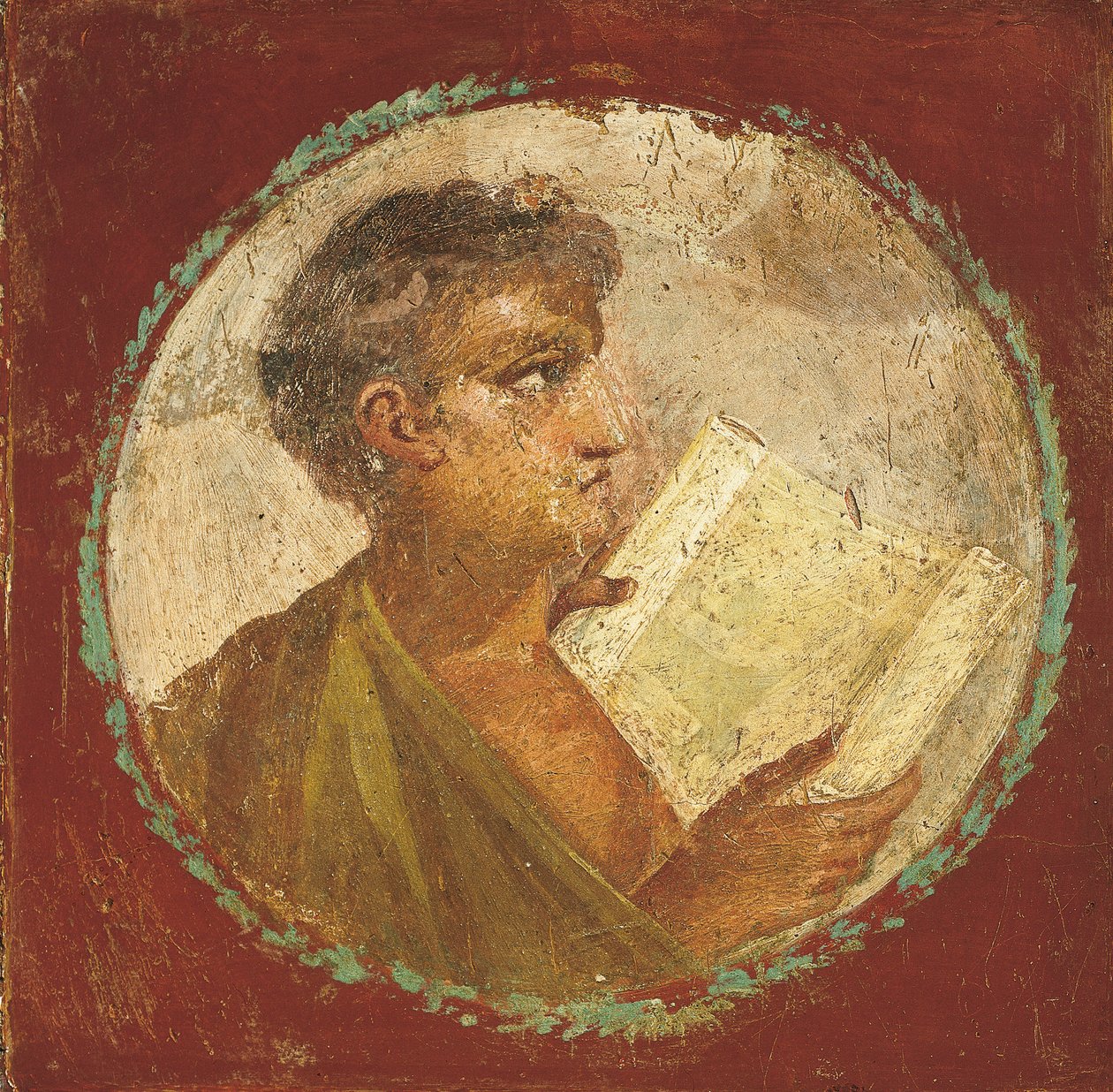 Porträtt av en ung man som håller en papyrusrulle, 55-79 AD (fresk) av Roman