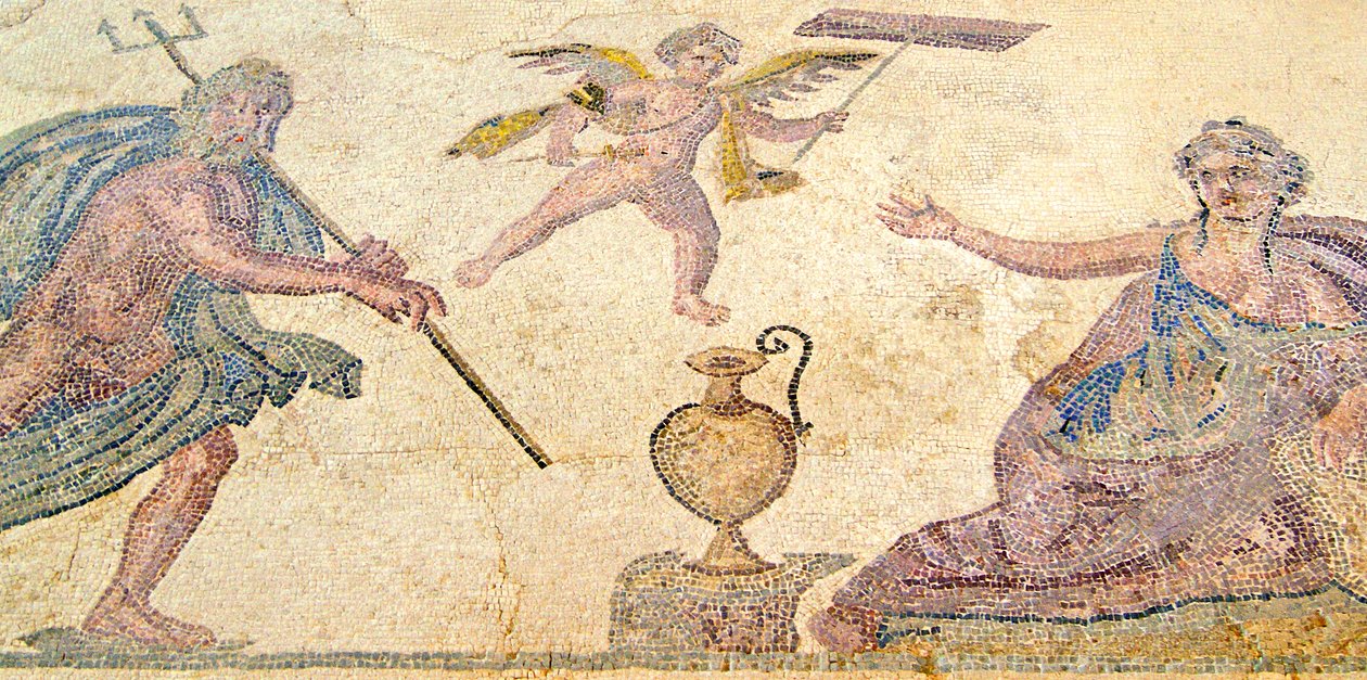 Poseidon och Amymone, House of Dionysos, Paphos, Cypern (mosaik) av Roman