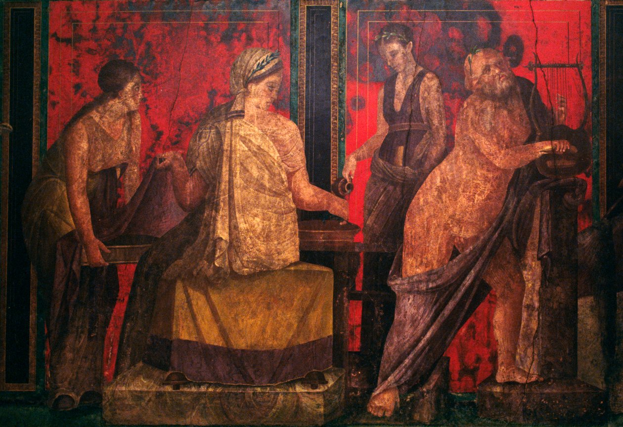 Prästinna och en silenus som spelar en lyra, scen från invigningen till de dionysiska mysterierna, Triclinium of the Villa of the Mysteries, Pompeji (UNESCOs världsarvslista av Roman