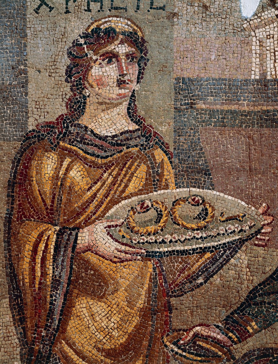 Fången Chresis ger nycklar av sin lösen till sin fånge Agamemnon, detalj från Mosaik av Chresis avslöjad i Daphne, Antiokia, Turkiet av Roman