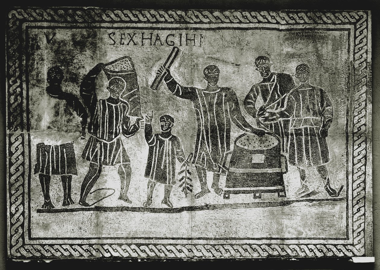 ROMERSK KONST: Mätning av sädeskornet (majs). Majsutdelningen som Gaius Gracchus ..., 200-talet e.Kr (mosaik) av Roman