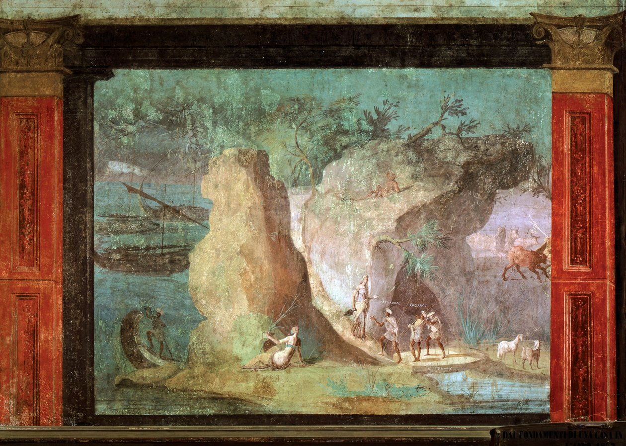 ROMERSK KONST: Scen från Odysséen. Odysseus i palatset i Crce. Freskomålning från..., 50-40 f.Kr. (freska) av Roman