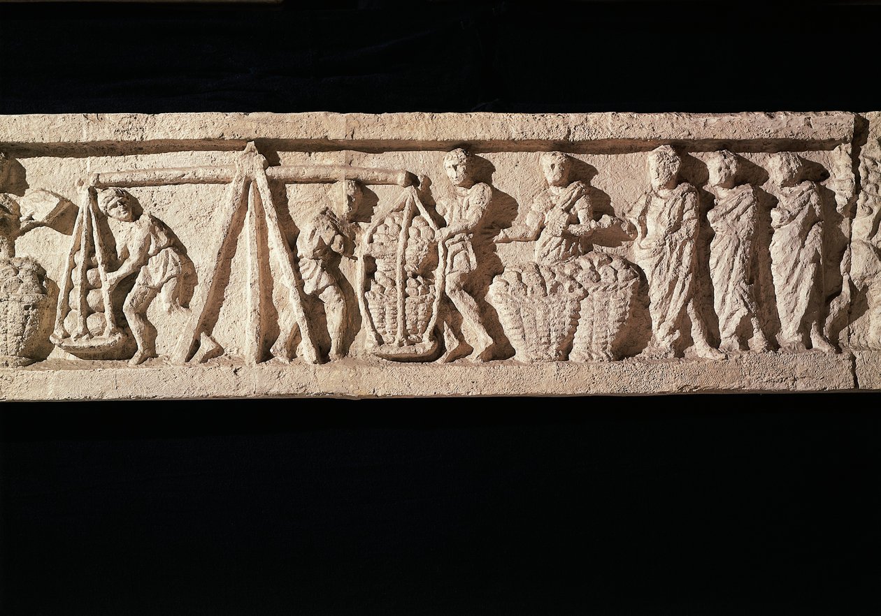 Relief som skildrar staplingen av bröd i korgar och tar dem för vägning. från bagaren Euryaces grav, Porta Maggiore, Rom, ca. 50-20 BC50-20 av Roman