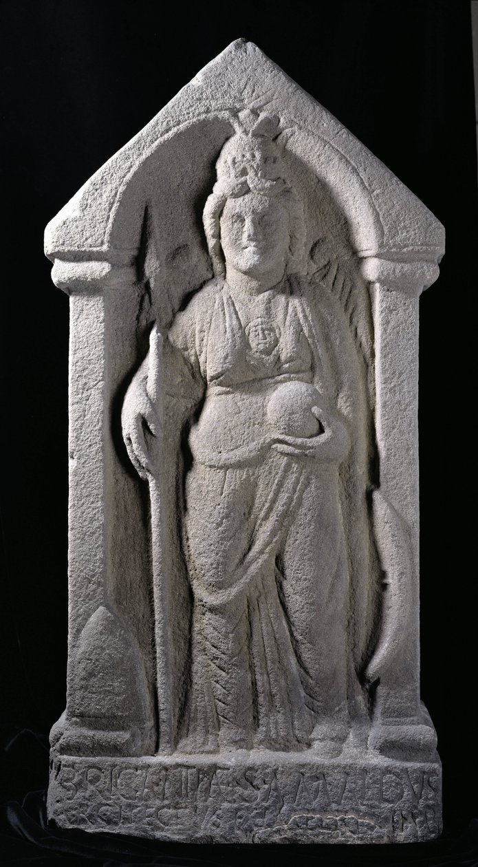 Reliefskulptur som visar Brigantia, en nordbrittisk infödd gudinna, som en romersk gudinna, från Birrens, Middlebie, Dumfriesshire (sten) av Roman