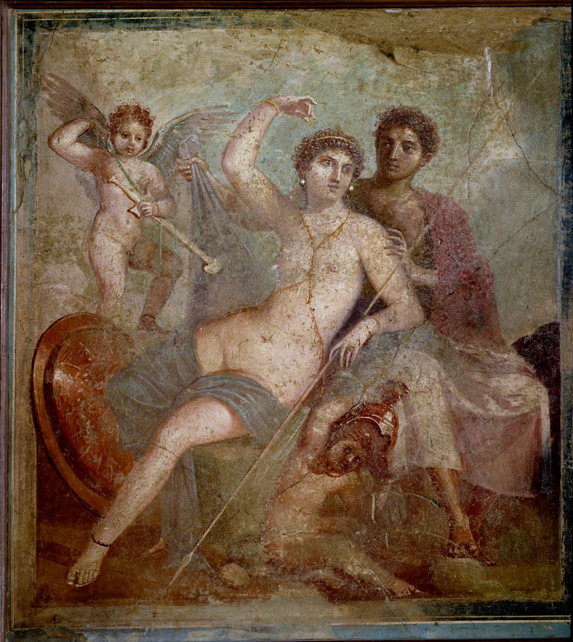 Representation av Ares och Afrodite, åtföljd av älskar att leka med gudens vapen. Fresk från Villa de Mars och Venus i Pompei. 1:a århundradet e.Kr. Neapels arkeologiska museum - romersk konst: Ares, Afrodite och Eros. Afrodite (Venus) recl av Roman