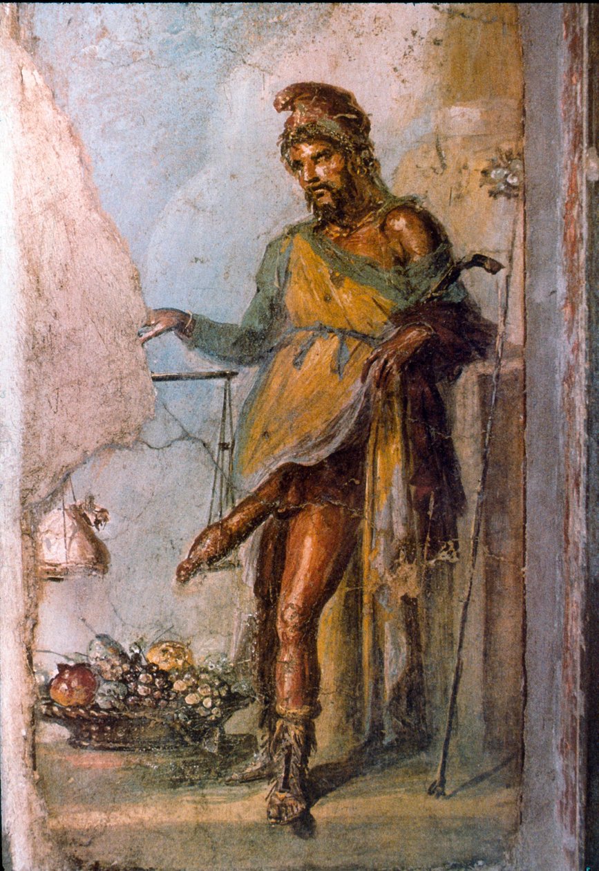 Representation av den grekiska gudomliga Priape, fertilitetsguden, med en enorm penis ständigt i erektion. Detalj av en fresk från Pompei. Casa dei Vettii. 1:a århundradet e.Kr. av Roman
