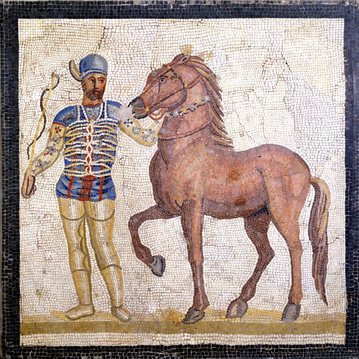 Representation av den romerska cirkusens fyra fraktioner: blues (factio veneta). Fraktionerna var klubbar som var engagerade i cirkustävlingar i det övre imperiet (1:a århundradet e.Kr.) och präglade av en färg. Mosaik, Rom Museo nazionale Romano. av Roman