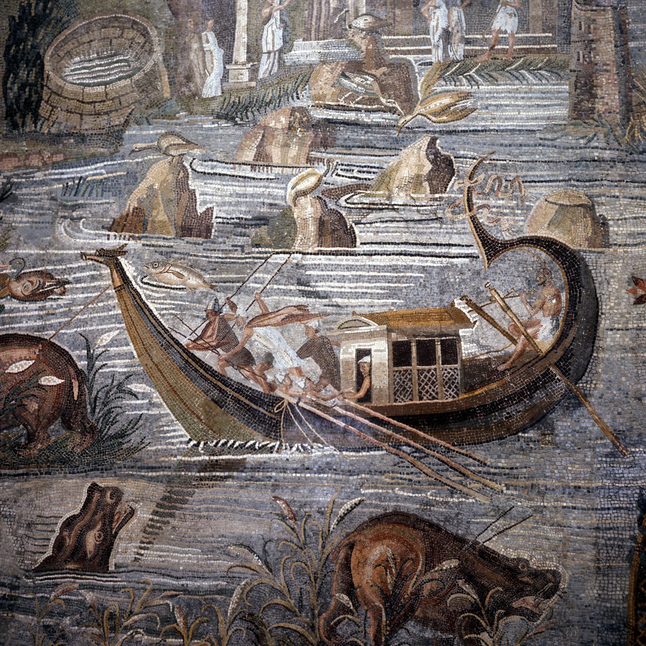 Flodfartyg från 1:a århundradet f.Kr. Detalj av mosaiken av Palestina. Rodret är i aktern och dubbelt. Denna mosaik kommer från Temple of Fortune och finns nu bevarad på Barberini Palace. av Roman
