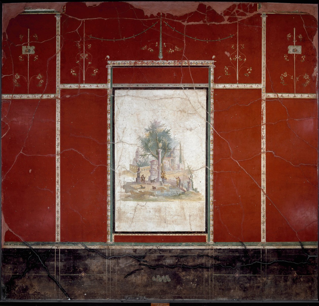 Romersk konst: "" Bukoliskt landskap och heligt "" Fresk tillskriven mästaren på Amando. från Boscotrecase, Agrippa Postumo villa. 1:a århundradet. Mått 153x98 cm Neapel, Arkeologiska museet av Roman