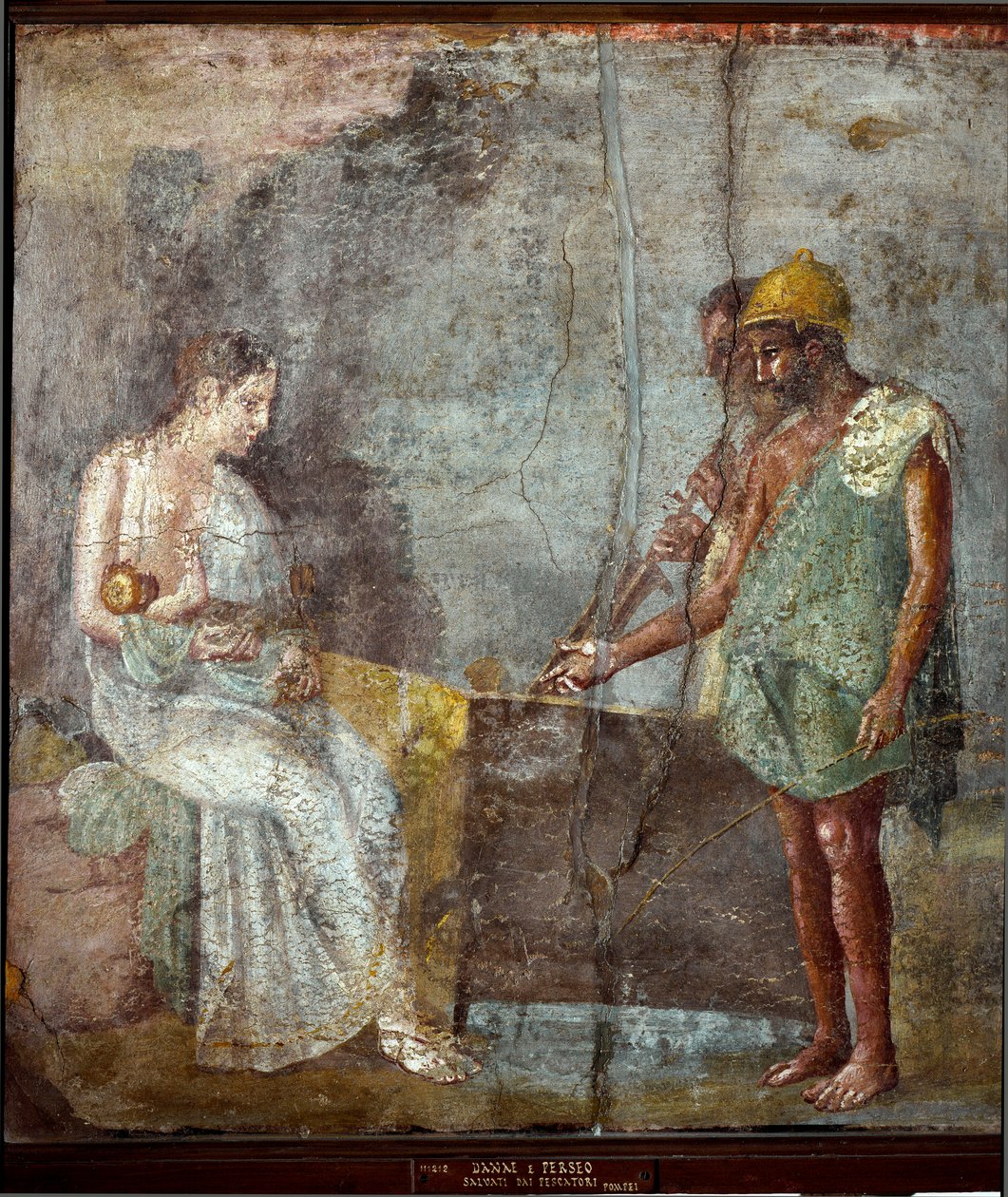 Romersk konst: "" Danae och hans son Persee hittas av fiskare på stranden i Seriphe""" Fresco från Pompei. 3:e stilen. Dämpa. 67x63 cm Museo Archeologico Nazionale, Neapel av Roman