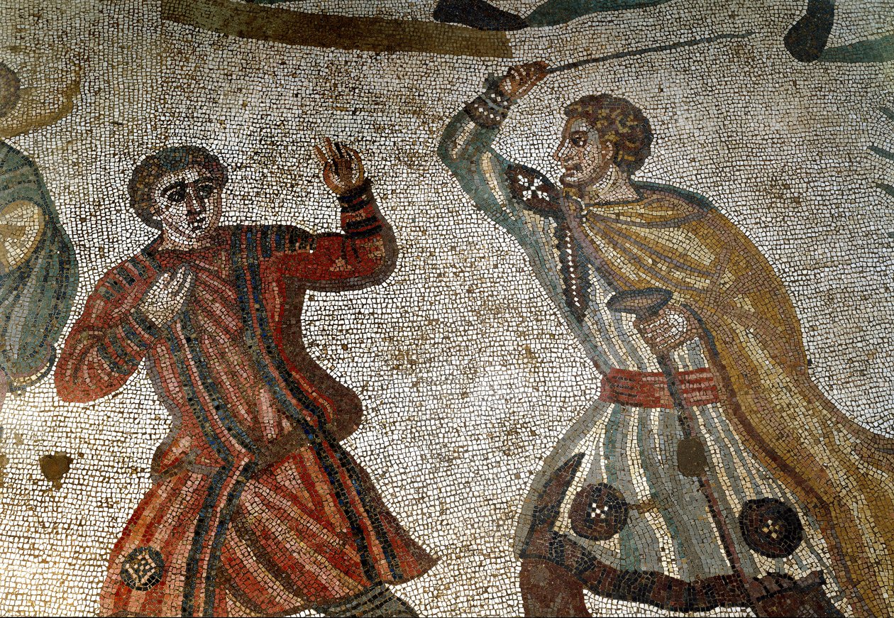 Romersk konst: Detalj av mosaiken "" Den stora jakten"" En romersk aristokrat straffar en av sina slavar med en pinne. 315-350 e.Kr. Piazza Armerina, Villa Romana del Casale av Roman