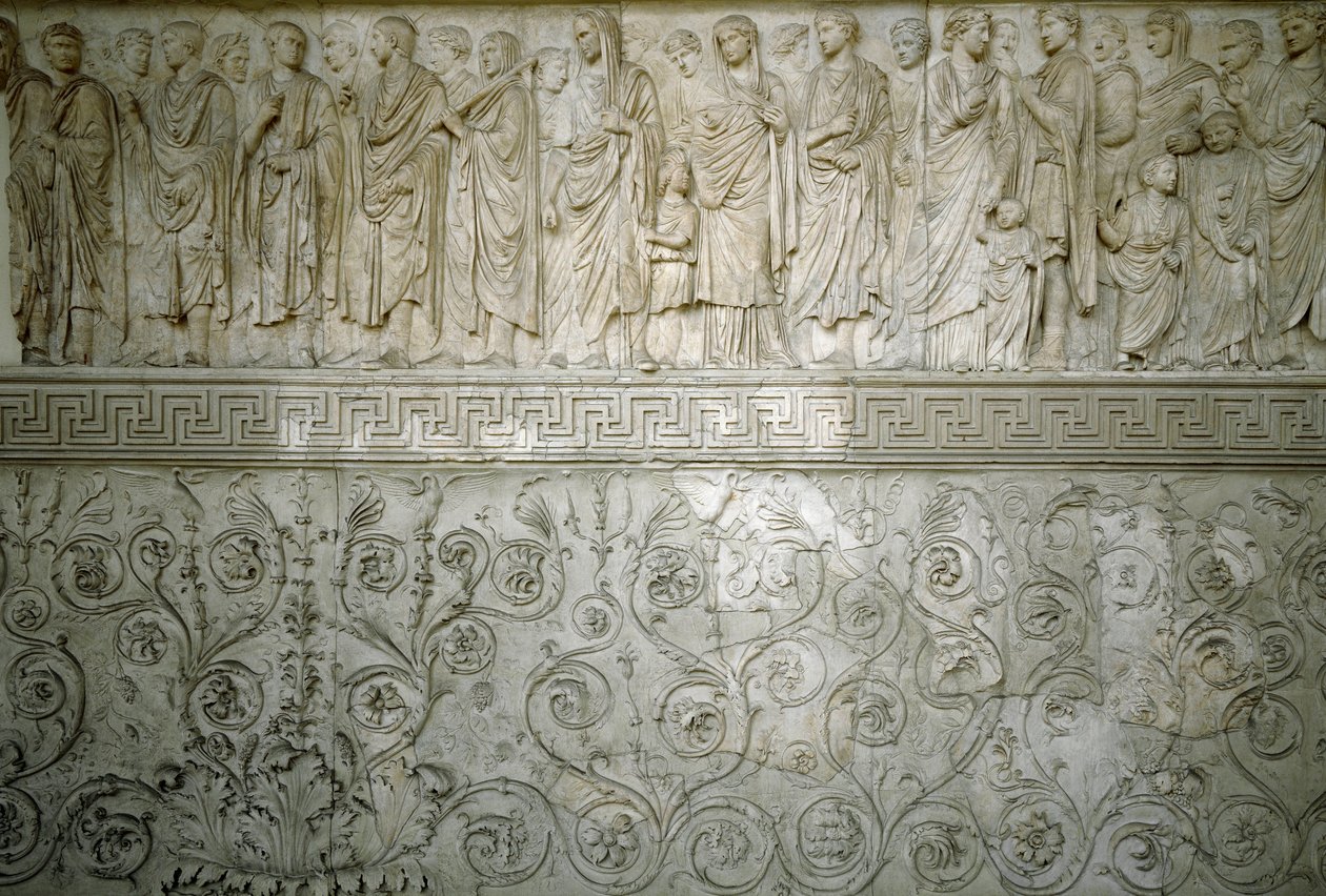 Romersk konst: "" Kejsar Augustus kejsarkortege""" Låg nordrelief i marmor av Ara Pacis Augustae byggd av den romerske kejsaren Augustae mellan 13 och 9 f.Kr. på Champ de Mars (Campo de Marte) i Rom för att fira freden efter krigen i av Roman