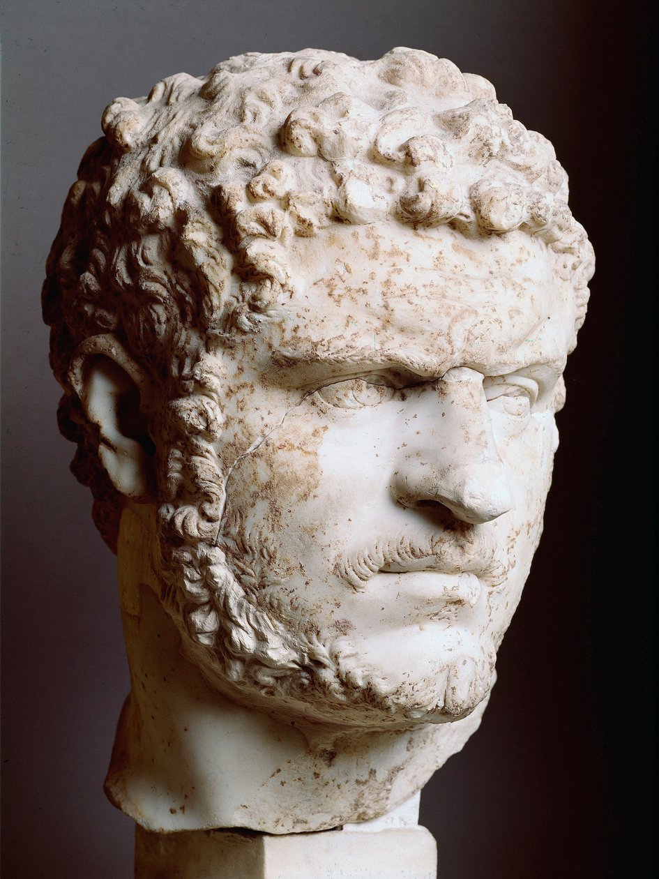 Romersk konst: "" Marmorhuvud av Caracalla (188-217), kejsare från 211 till 217 AD, 211-217 AD, Dim. 28 cm - Rom, Palazzo dei Conservatori, Italien - Chef för Caracalla (188-217) - Marmorskulptur av Roman