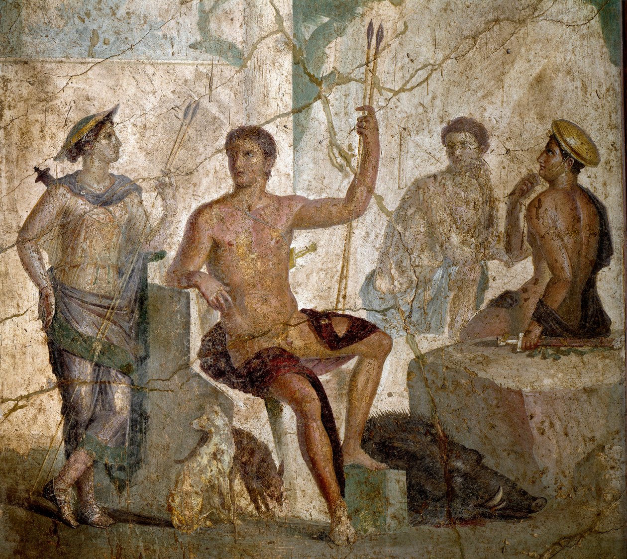 Romersk konst: "" Meleagre och Atalante""" romersk fresk från 1000-talet e.Kr. från Pompeji. Neapel, National Archaeological Museum - Romersk konst: Meleager och Atalanta. Romersk fresk från 1:a århundradet e.Kr. från Pompeji. National Archaeological Museu av Roman