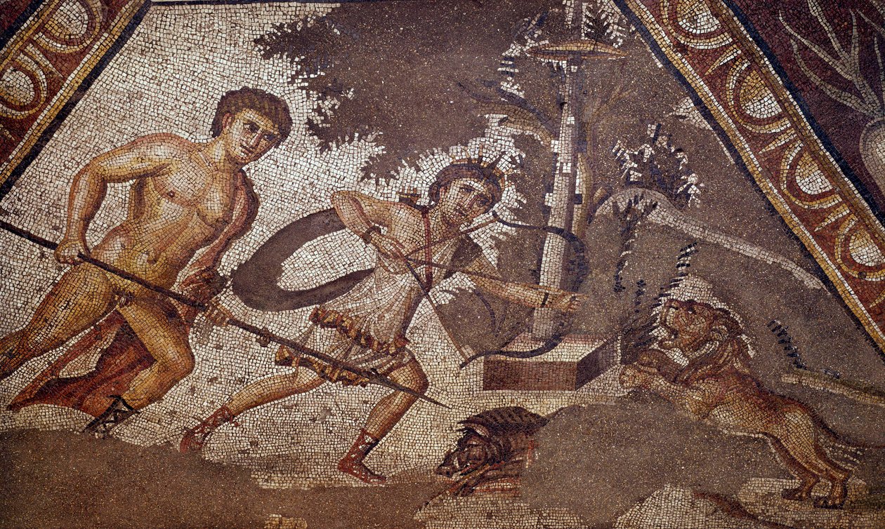 Romersk konst: Mosaik av årstiderna från gården till Constantine villa "" Daphne"" som representerar två jägare. Detalj. Från Faubourg i Antioche-sur-l