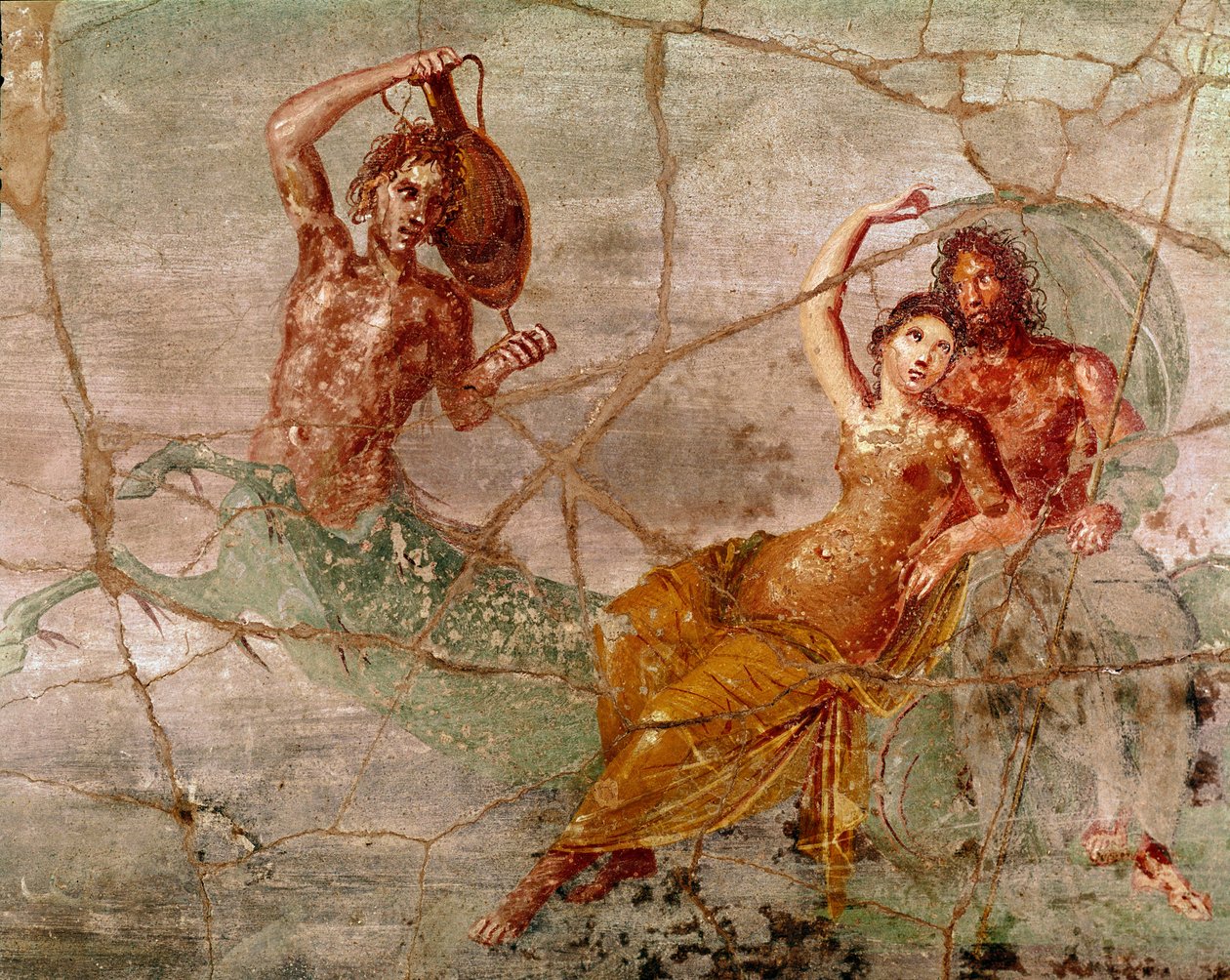 Romersk konst: "" Neptune, Poseidon and Amphitrite"" Romersk fresk från Pompeji, Italien (Neptune Poseidon amphitrite, fresk från Pompeji) 60-80 e.Kr. av Roman