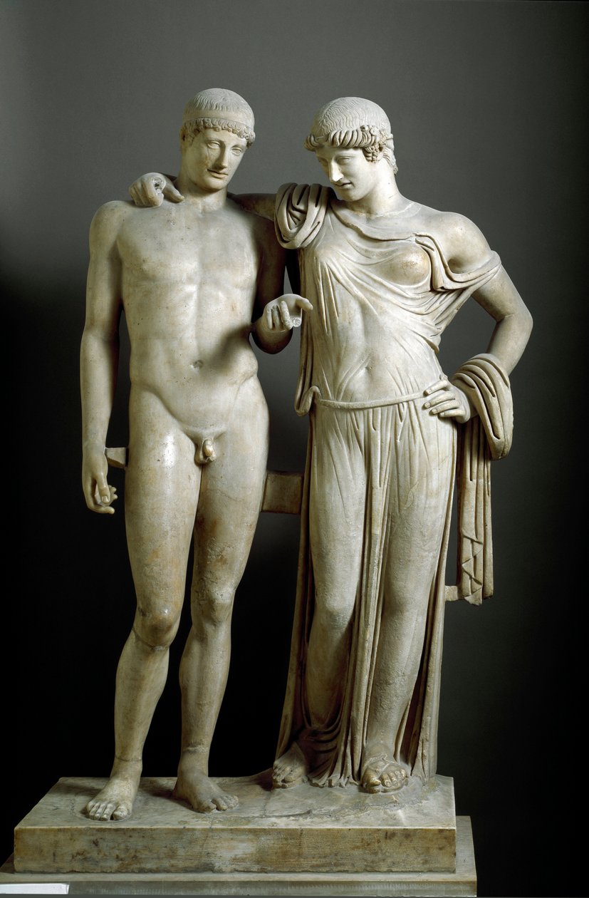 Romersk konst: "" Oreste et Electre "" - Marmorskulptur från Pozzuoli (Pozzuoli) 1:a århundradet e.Kr., Dim. 160 cm - National Archaeological Museum, Neapel - Romersk civilisation: Electra och Orestes - Marmorskulptur (H. 160 cm) av Roman