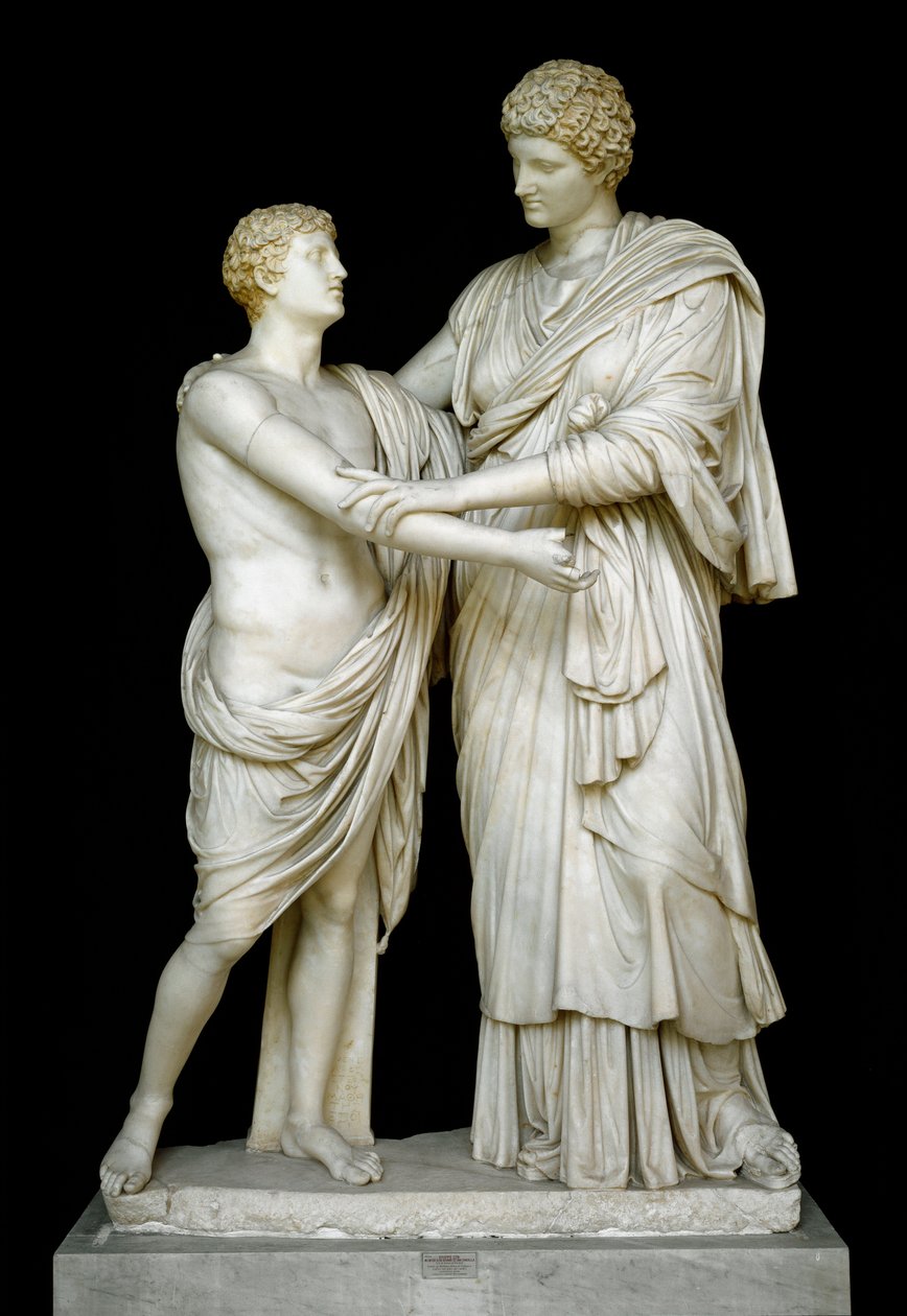 Romersk konst: "" Oreste et Electre""" Marmorskulptur från 1:a århundradet e.Kr. Från Ludovisi-samlingen, Dim. 192 cm - Rom, Museo Nazionale Romano (o delle Terme) Italien - Orestes och Electra - Marmorskulptur (H. 210 cm), romersk kejsarperiod (27 f.Kr.-4 av Roman