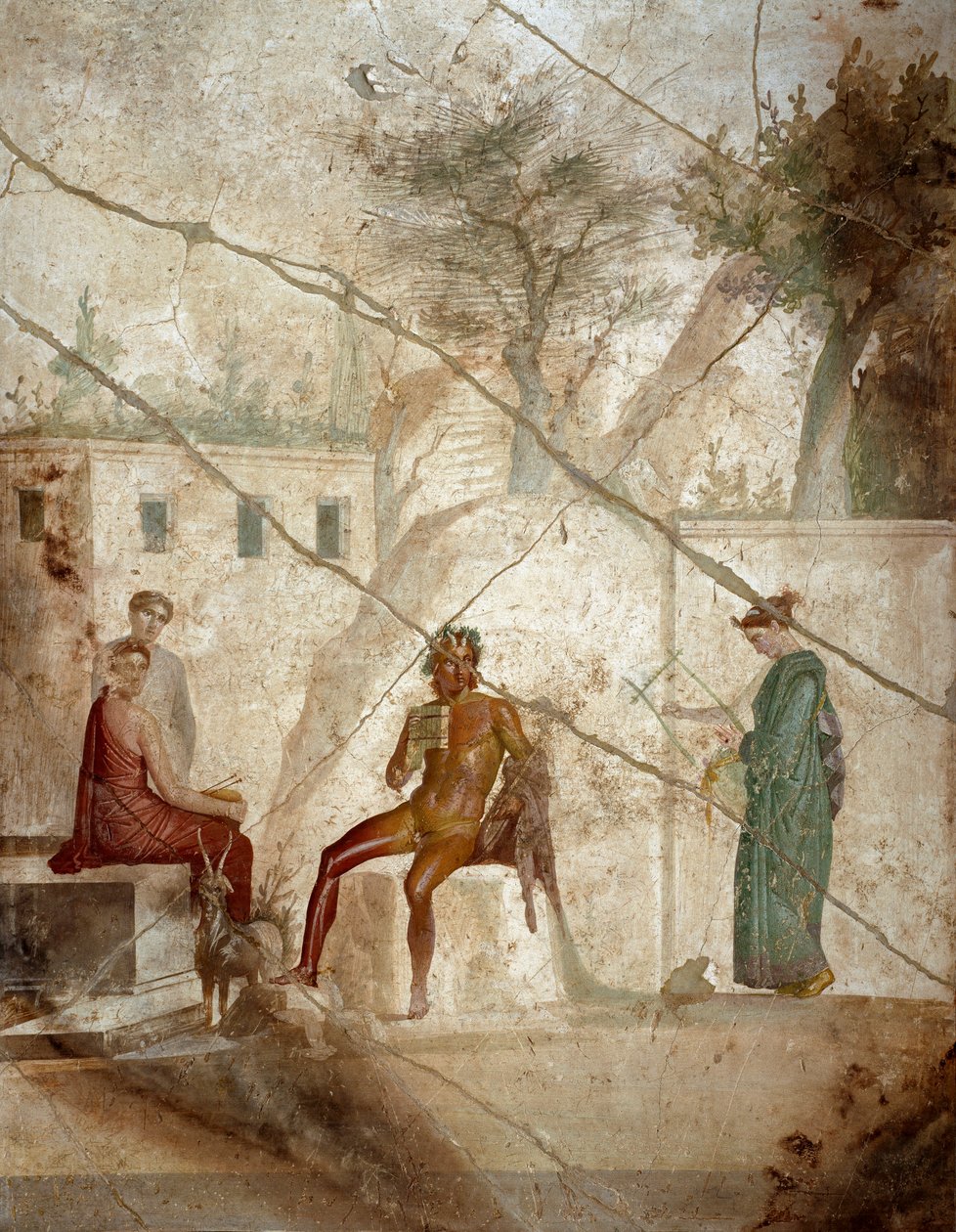 Romersk konst: ”Panmusiker med nymfer” ”Fresco tillskriven mästare Chiaro. 1:a århundradet. Från Pompeji. Neapel, Arkeologiska museet av Roman