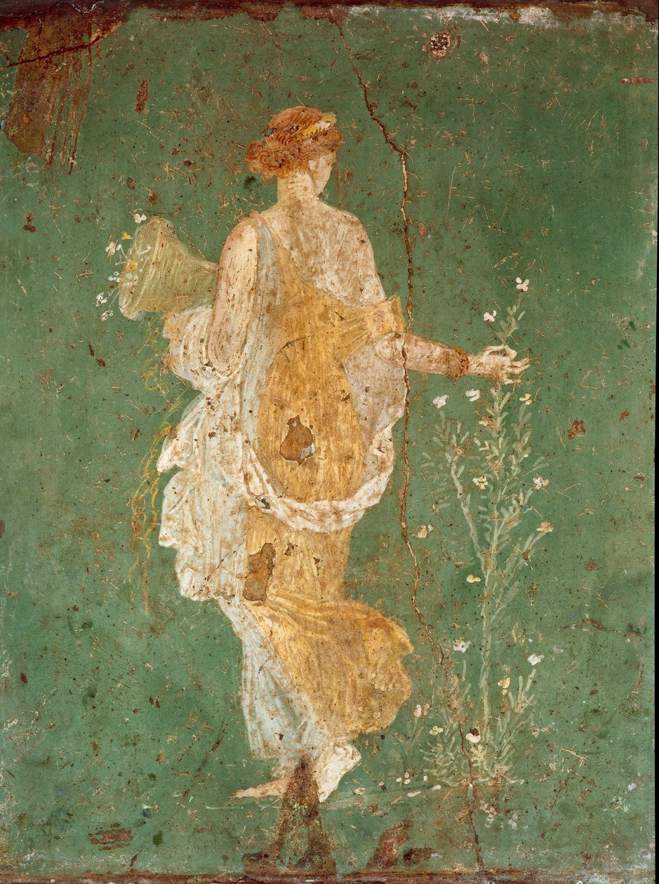 Romersk konst: "" Våren "" Flora (Flora) plockar blommor. fresk från villan i Varano a Stabies (Stabiae), nära Pompei. 15 f.Kr.-60 e.Kr. Nationella arkeologiska museet, Neapel - Romersk konst: Vår, flora plockar blommor. Färskt från villan i Varano i Stabi av Roman