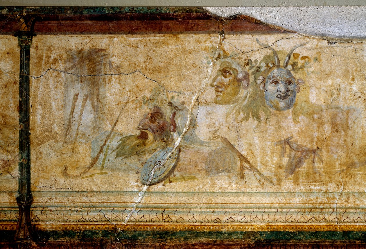 Romersk konst: "" Stilleben med teatermasker "" Detalj. Fresk omkring 25-19 f.Kr. Dim. 23 cm Rom, National Roman Museum (eller Terme) av Roman