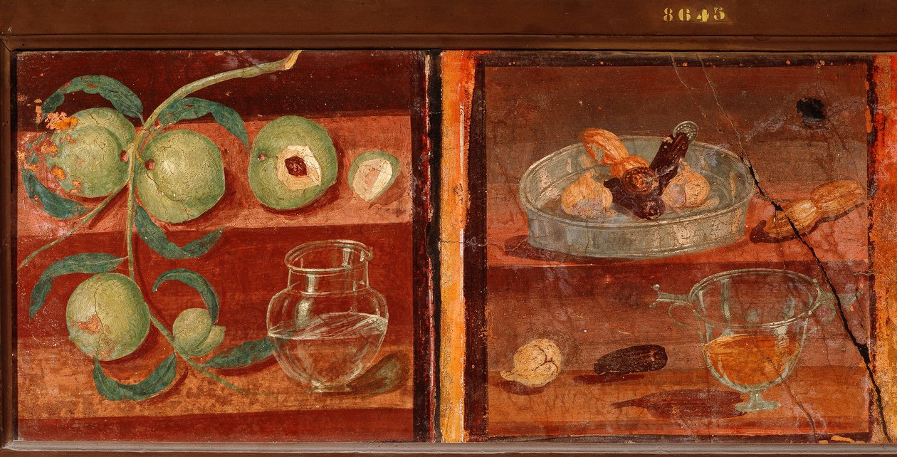 Romersk konst: "" Stilleben av persikor och torkad frukt"" Romersk fresk från Pompeji. 1:a århundradet f.Kr.-1:a århundradet e.Kr. Bevara på National Archaeological Museum of Neapel. Italien av Roman