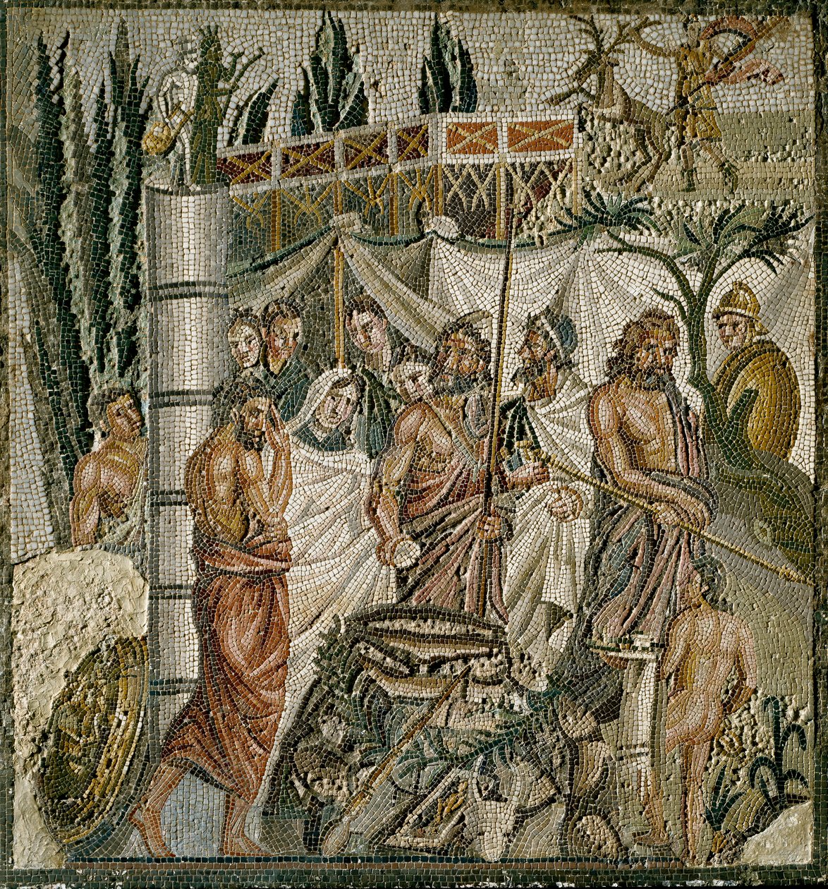 Romersk konst: "" The Sacrifice of Iphigenie"" Kung Agamemnon offrar sin dotter för att lugna Artemis (Dianas) ilska. Mosaik från 1:a århundradet f.Kr. Museum of Ampurias (Empurias), Spanien av Roman