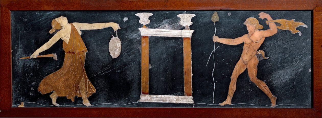 Romersk konst: "" Dansen av en menad och en satyr nära ett litet tempel""" Marquetery från Pompei. Dämpa. 23x67 cm Museo Archeologico Nazionale, Neapel av Roman