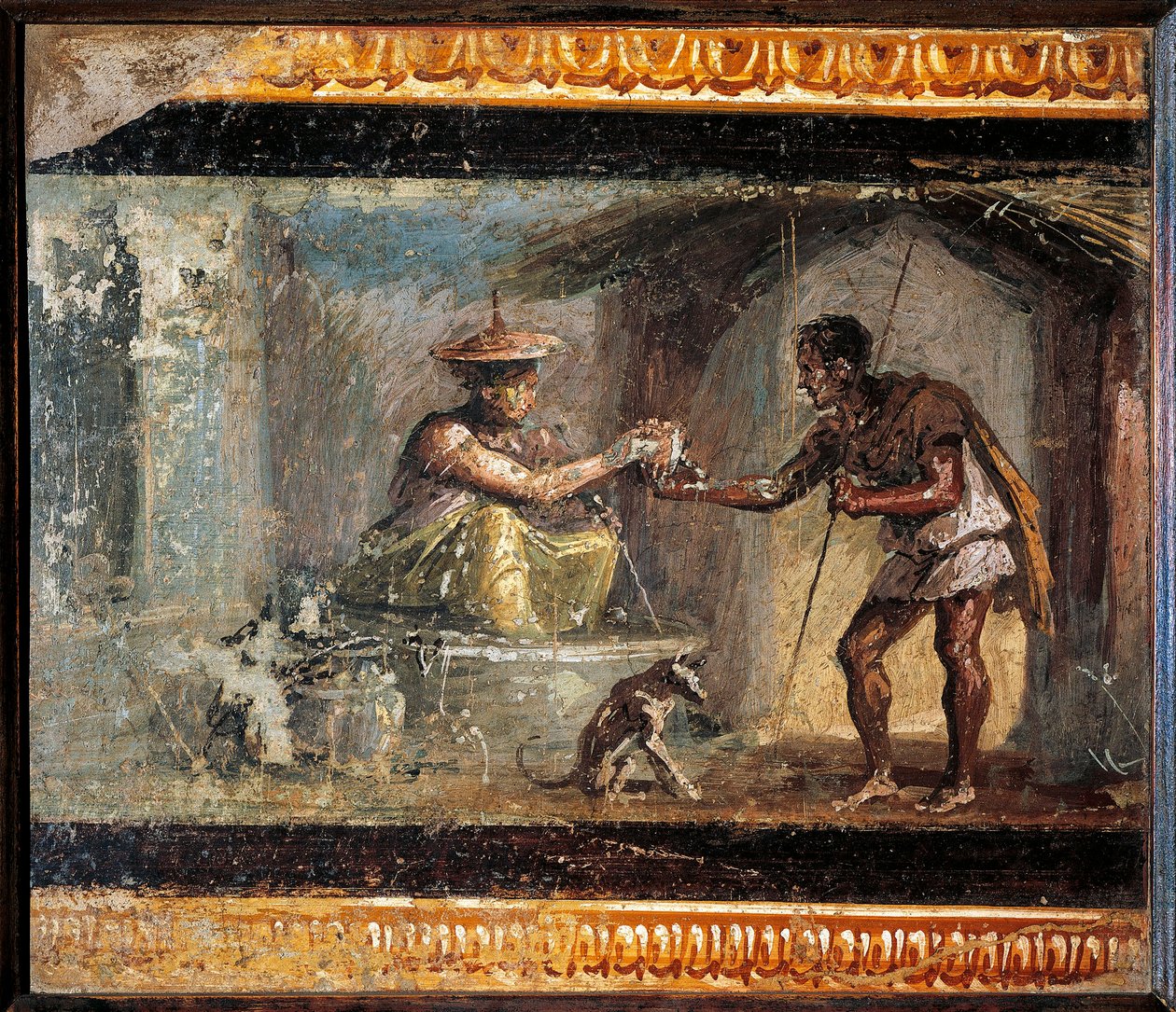 Romersk konst: "" Resenären och magikern"" Romersk fresk från villan dei Dioscuri i Pompei. 1:a århundradet e.Kr. Bevara på National Archaeological Museum of Neapel. - Romersk konst: Resenären och magikern. Kvinna som erbjuder en drink till en resenär, in av Roman