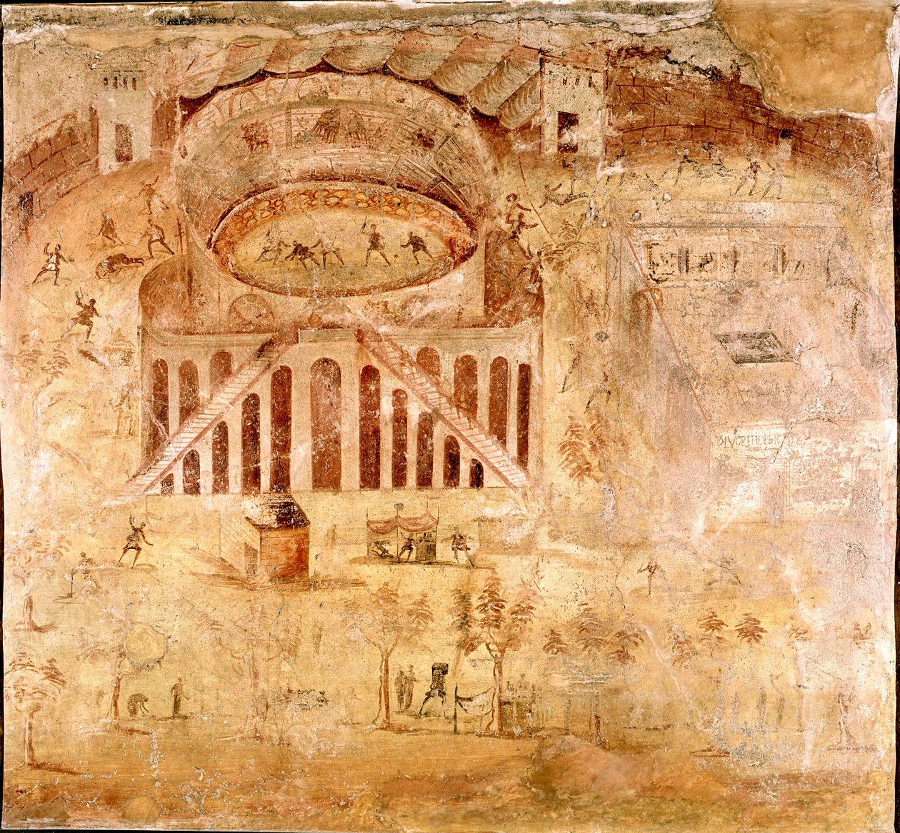 Romersk konst: "" Våldsam kamp mellan invånarna i Nocera och pompeierna i amfiteatern i Pompei 59 e.Kr."" Detalj av en fresk. 1:a århundradet e.Kr. Från Pompei-platsen. Neapel, Museo Archeologico Nazionale av Roman
