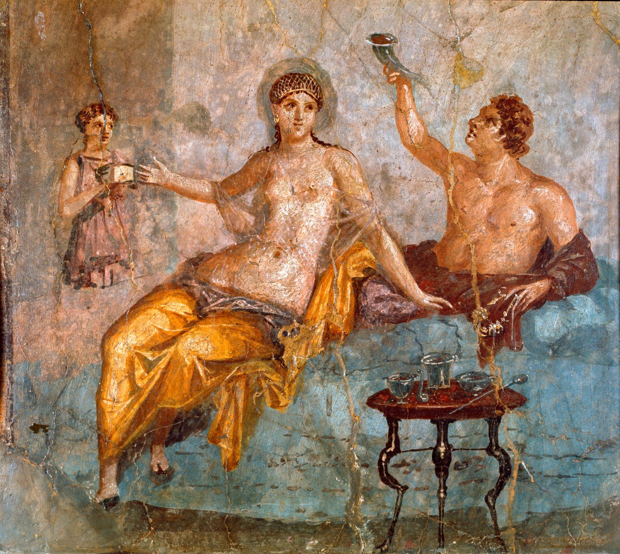 Romersk konst: bankettscen, en ung man och en kurtisan (en bankett i det antika Rom, en ung man och en kurtisan) Romersk fresk av den 4:e pompeianska stilen från platsen för Ercolano (Herculanum eller Herculaneum) 60-80 AD Dim 65x66 cm Presenteras på Natio av Roman
