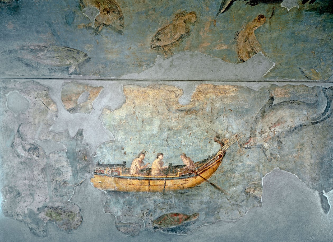 Romersk konst: "" fiskare på en båt""" Fresk från ett hus som ligger nära en flodhamn i Rom. 131 e.Kr. Rom, Museo Nazionale Romano (o delle Terme) av Roman