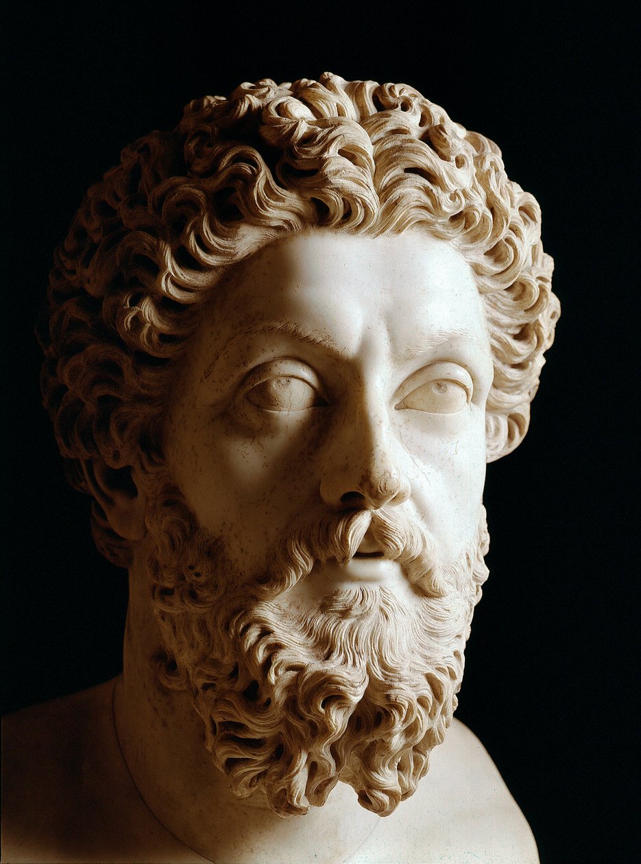 Romersk konst: chef för den romerske kejsaren Marc Aurele (120-180 e.Kr.) - Marmorskulptur av Roman