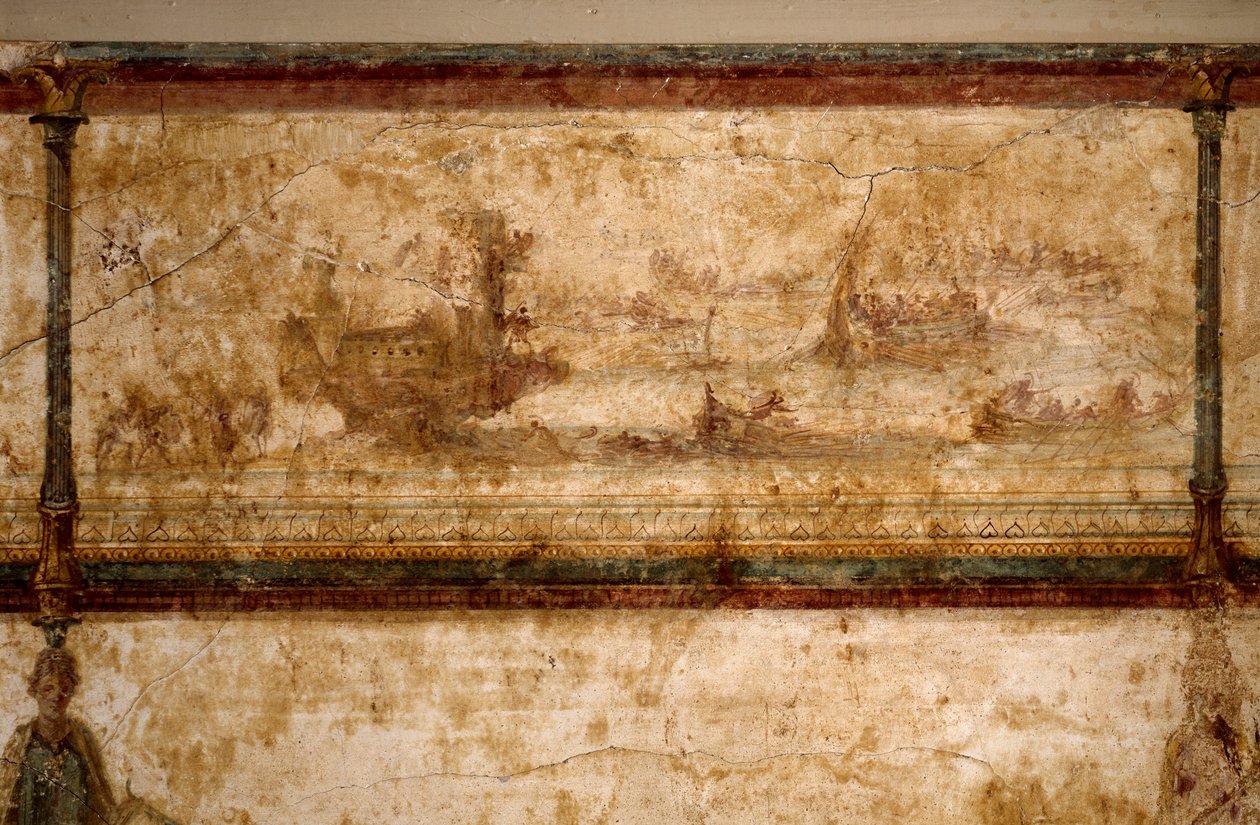 Romersk konst: ”” maritim scen, med birems och triremer ”” ”Fresko omkring 25-19 f.Kr. Storlek 73 cm Rom, National Roman Museum (eller Terme) av Roman