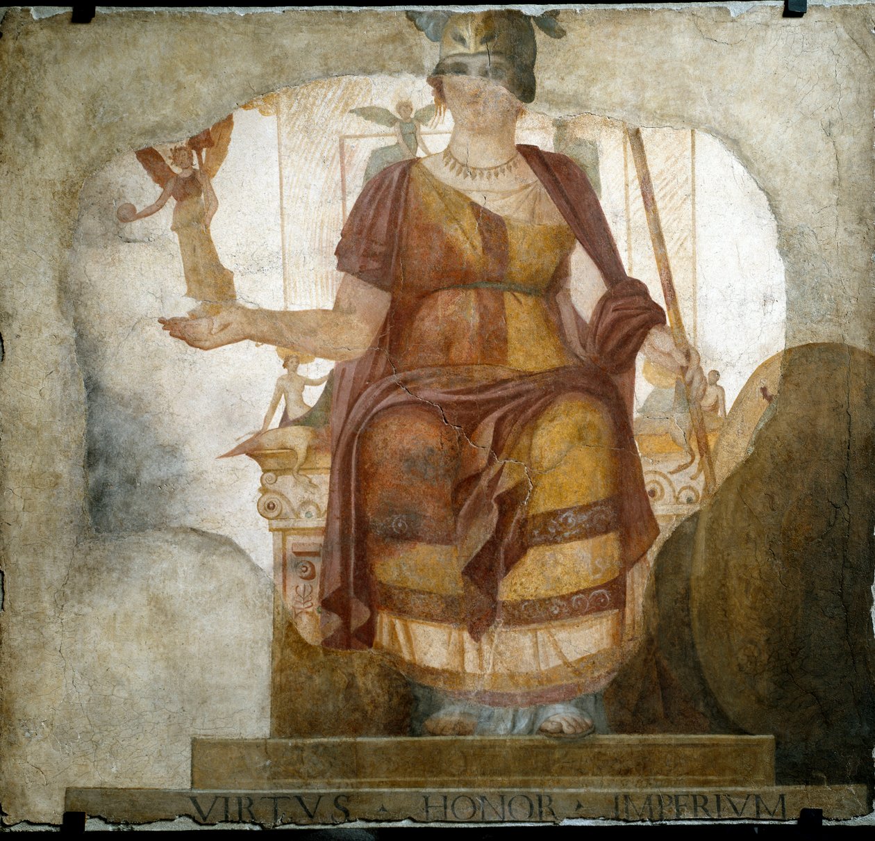 Romersk konst: "" gudinnan Venus sitter och personifierar Rom som kallas gudinnan Barberini"" Fresk från 300-talet efter JC. Från Baptistere of Saint John of Lateran (Saint John of Lateran) i Rom. Rom, Museo Nazionale Romano (o delle Terme) av Roman