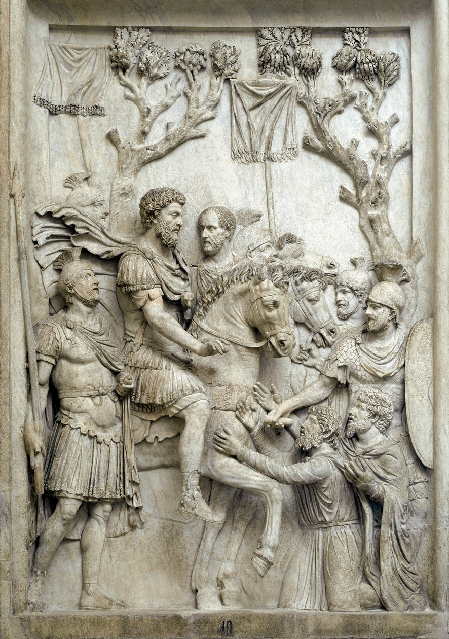 Romerske kejsaren Marcus Aurelius benådar de besegrade fienderna, ca 176-180 (marmorrelief) av Roman