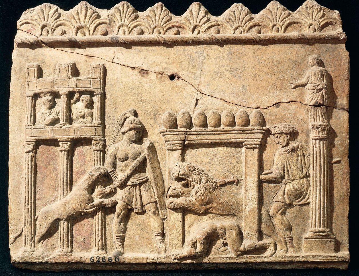 Romersk relief som visar lejon och gladiatorer som slåss på cirkus av Roman