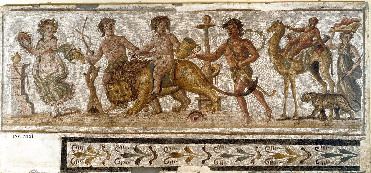 Romersk antikvitet: "" Dionysian Procession""" Silene rider på en kamel, en menad spelar ett instrument. Mosaik från El Jem (Thysdrus). 3:e århundradet e.Kr. El Djem (Thysdrus), arkeologiskt museum av Roman