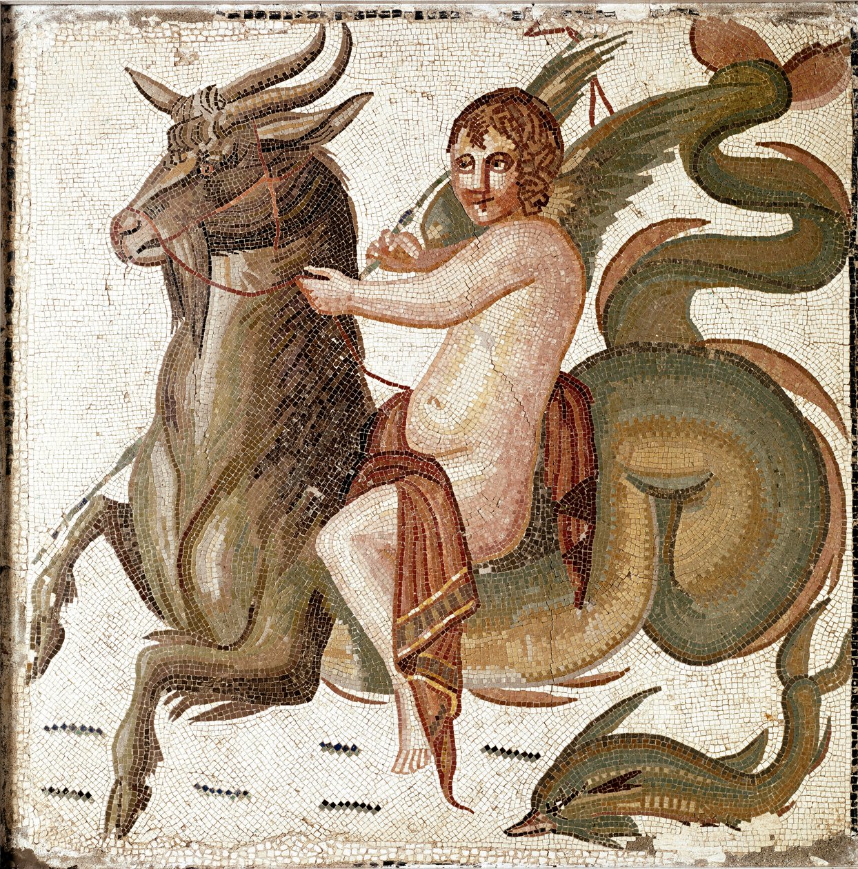 Romersk konst: "Amor som rider på en marin varelse"" Mosaik från en villa tillhörande kejsar Septius Severes familj. Slutet av 2:a århundradet efter JC. Rom, Museo Nazionale Romano av Roman