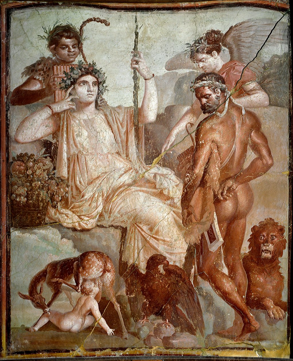 Romersk konst: "" Herakles hittar sin son Telephus (Telephus) på bergen i Arcadia"" Romersk fresk från platsen för Herculanum (Ercolano), 70 AD, Dim. 216x185 cm - Neapel, Museo Archeologico Nazionale - Herakles hittar sin son Telefhus i bergen i A av Roman