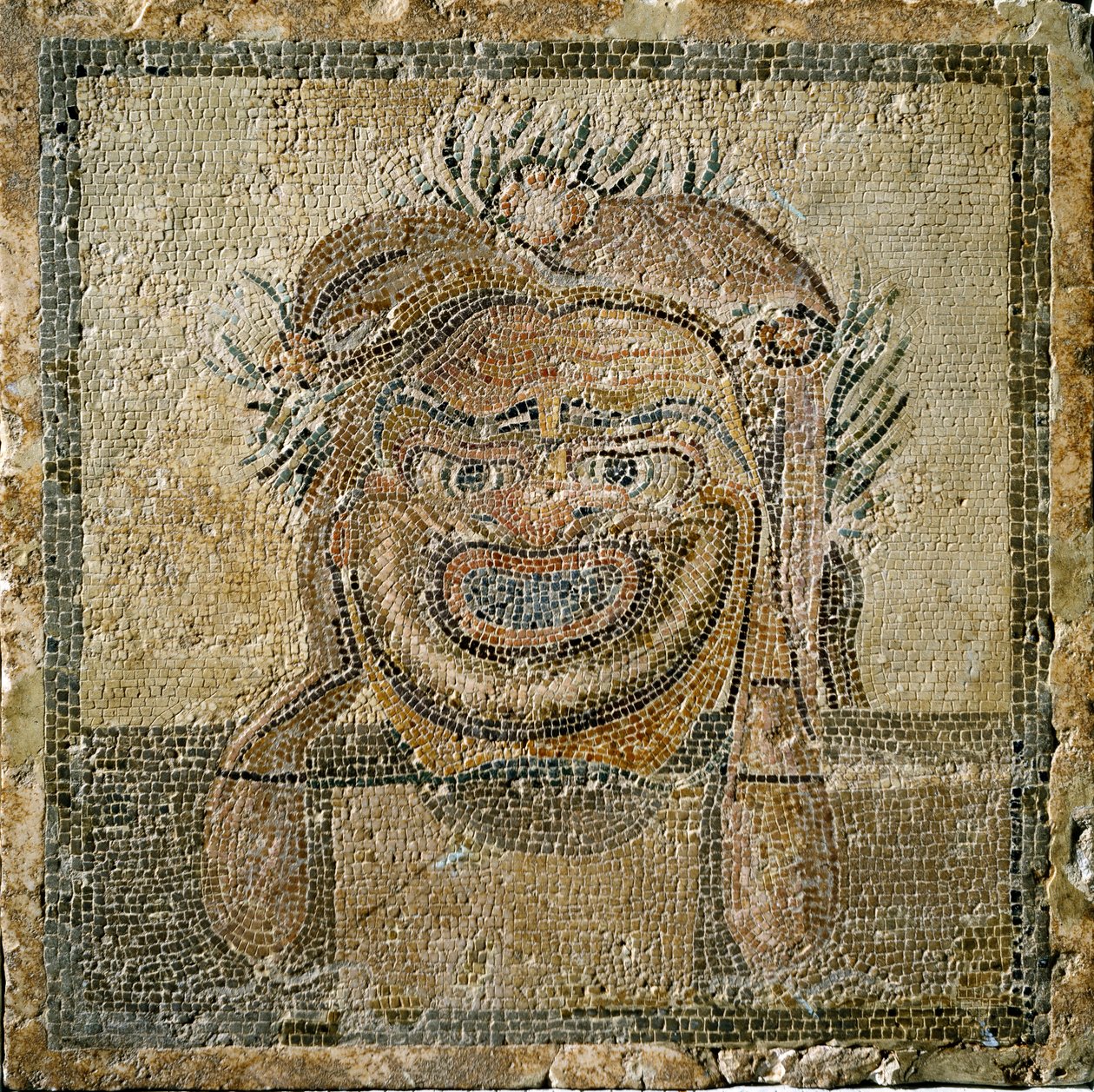 Romersk konst: romersk teatermask. Mosaik från Ampurias (Empúries). 2:a århundradet e.Kr. Spanien Empurias museum av Roman