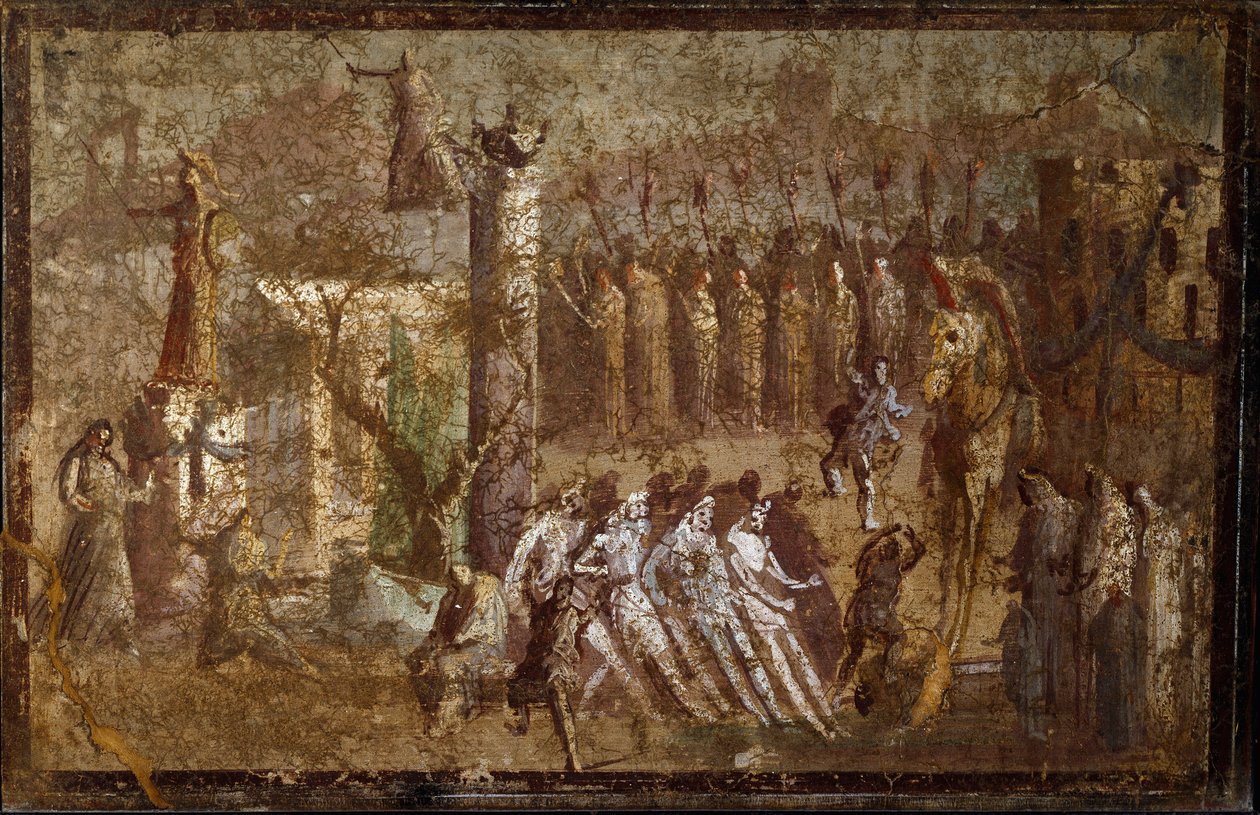 Romersk konst: "" Tabula Iliaca"" inträde av den trojanska hästen. Trojanerna drar hästen till väggarna medan Cassandre försöker motarbeta dem. Fresk från Pompei. Neapel, Museo Archeologico Nazionale av Roman