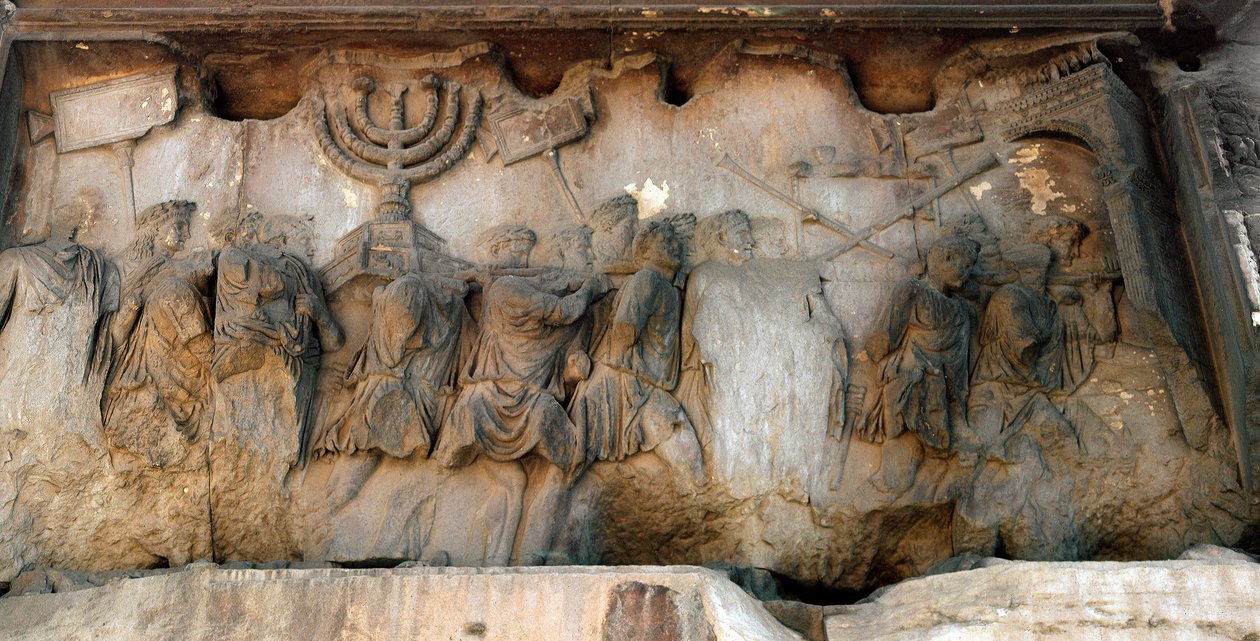 Romersk konst: "" Triumfstång av alliansens ark med Menoran eller Menora (ljusstake med 7 grenar)"" Relief från 1:a århundradet. Titusbågen, Foro Romano (romerskt forum), Rom av Roman