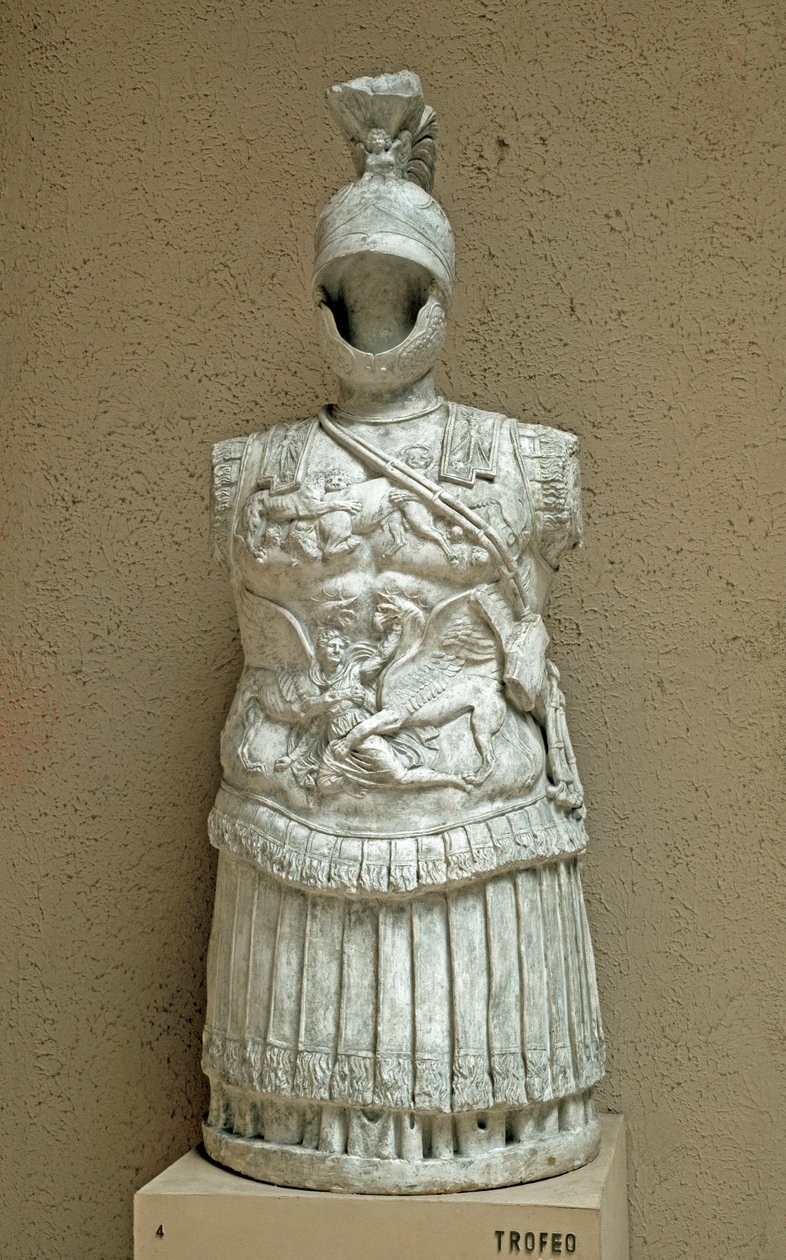 Romersk konst: Trofee av vapen i form av paradrustning av romersk soldat från 1:a århundradet f.Kr. Rom, museo della civilta romana av Roman