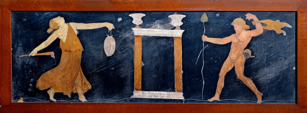 Romersk konst: ett hot och en satyr som dansar nära ett tempel. Fresk från Casa dei Capitelli dorati i Pompei. 1:a århundradet e.Kr. Neapel, arkeologiska museet av Roman