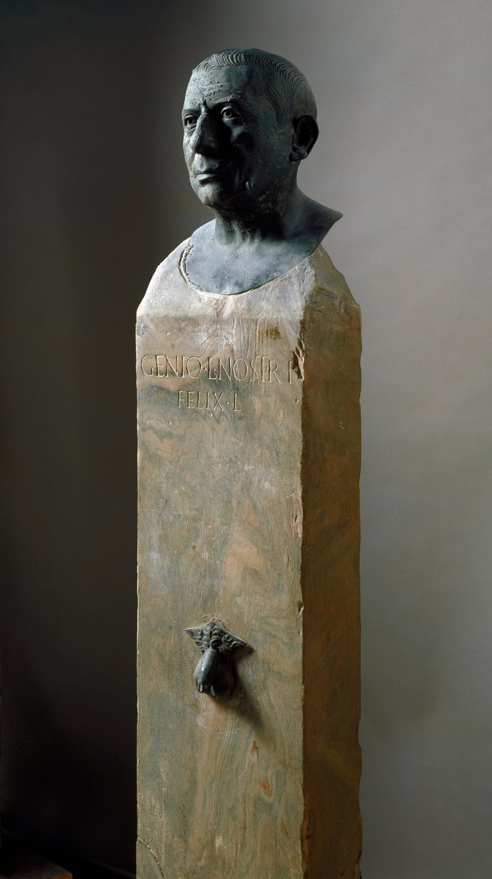 Romersk konst: byst av bankiren Lucius Caecilius Iucundus (cirka 20-69 e.Kr.) Bronsskulptur. 1:a århundradet e.Kr Från Pompeji. Neapel, Museo Nazionale Archeologico av Roman