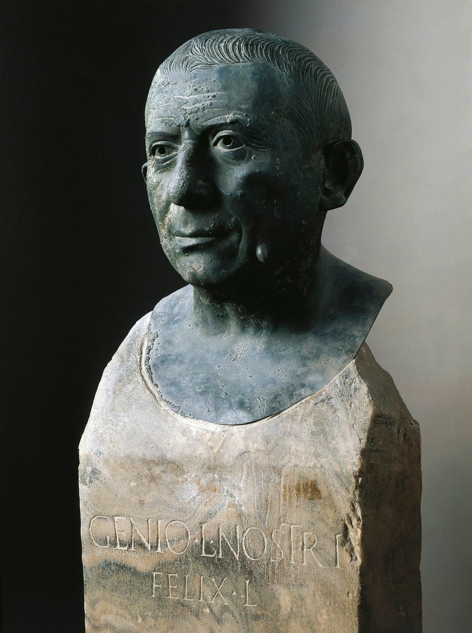 Romersk konst: byst av bankiren Lucius Caecilius Iucundus (cirka 20-69 e.Kr.) Bronsskulptur. 1:a århundradet e.Kr Från Pompeji. Neapel, Museo Nazionale Archeologico av Roman